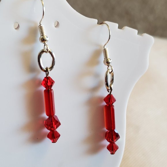 Silver Tone Hook Red Glass Bead Dangle Earrings - Picture 1 of 2